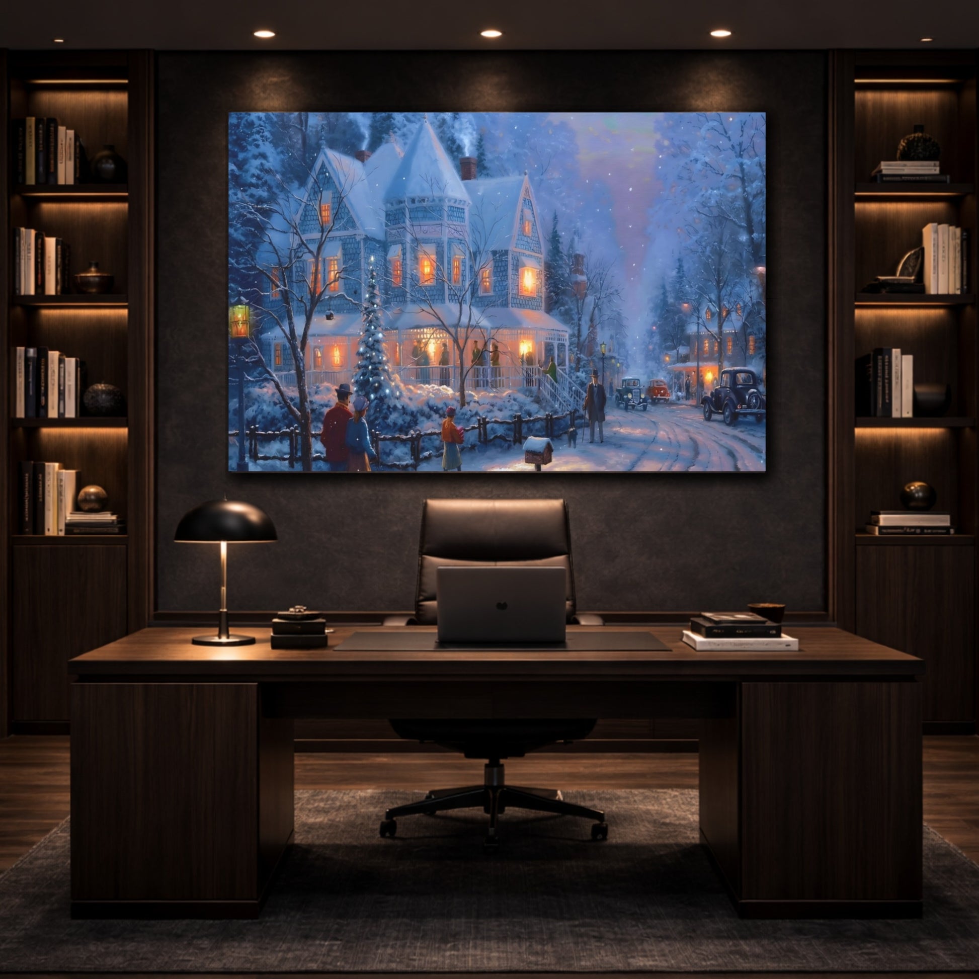 Vintage Winter Village Blue And Orange shown as front canvas room wall art