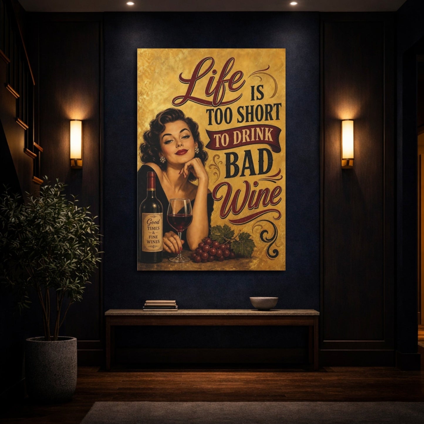 Vintage Woman Wine Gold Canvas Print – Kitchen, Wall - YesArtYes