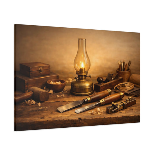 Main Mockup. Vintage Woodworking Tools Brown And Gold shown as stretched canvas wall art