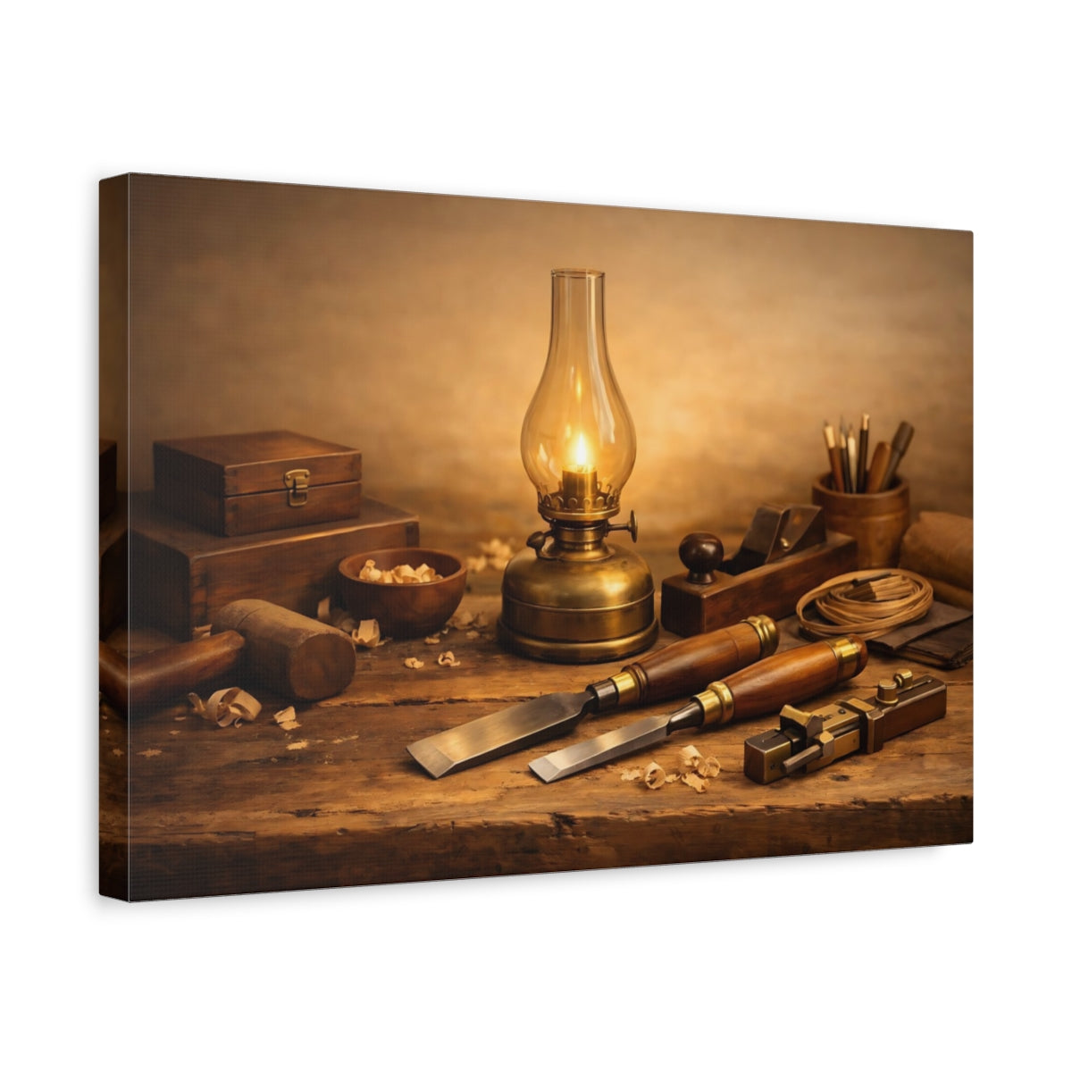 Side Mockup 4. Vintage Woodworking Tools Brown And Gold shown as stretched canvas wall art