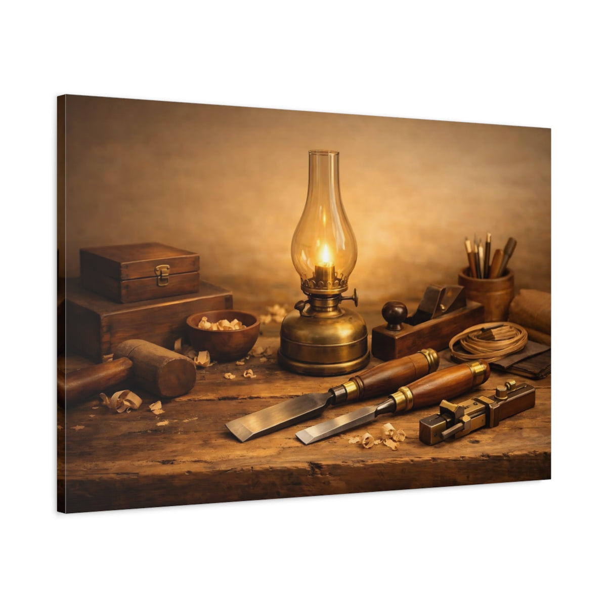 Side Mockup 1. Vintage Woodworking Tools Brown And Gold shown as stretched canvas wall art