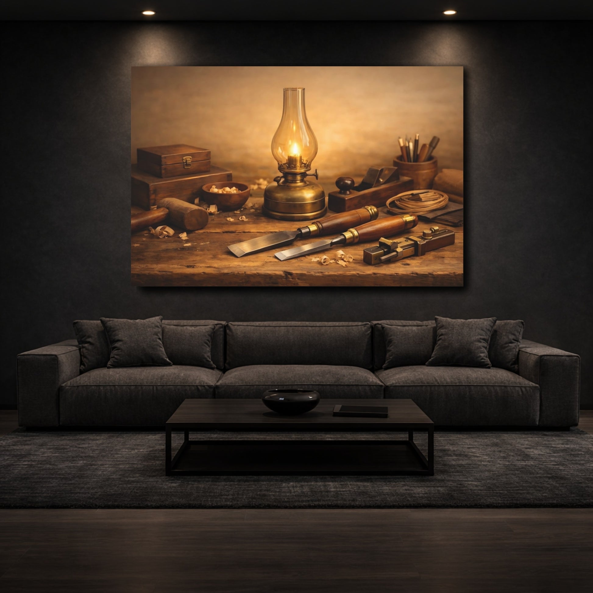 Mockup 2. Vintage Woodworking Tools Brown And Gold shown as stretched canvas wall art