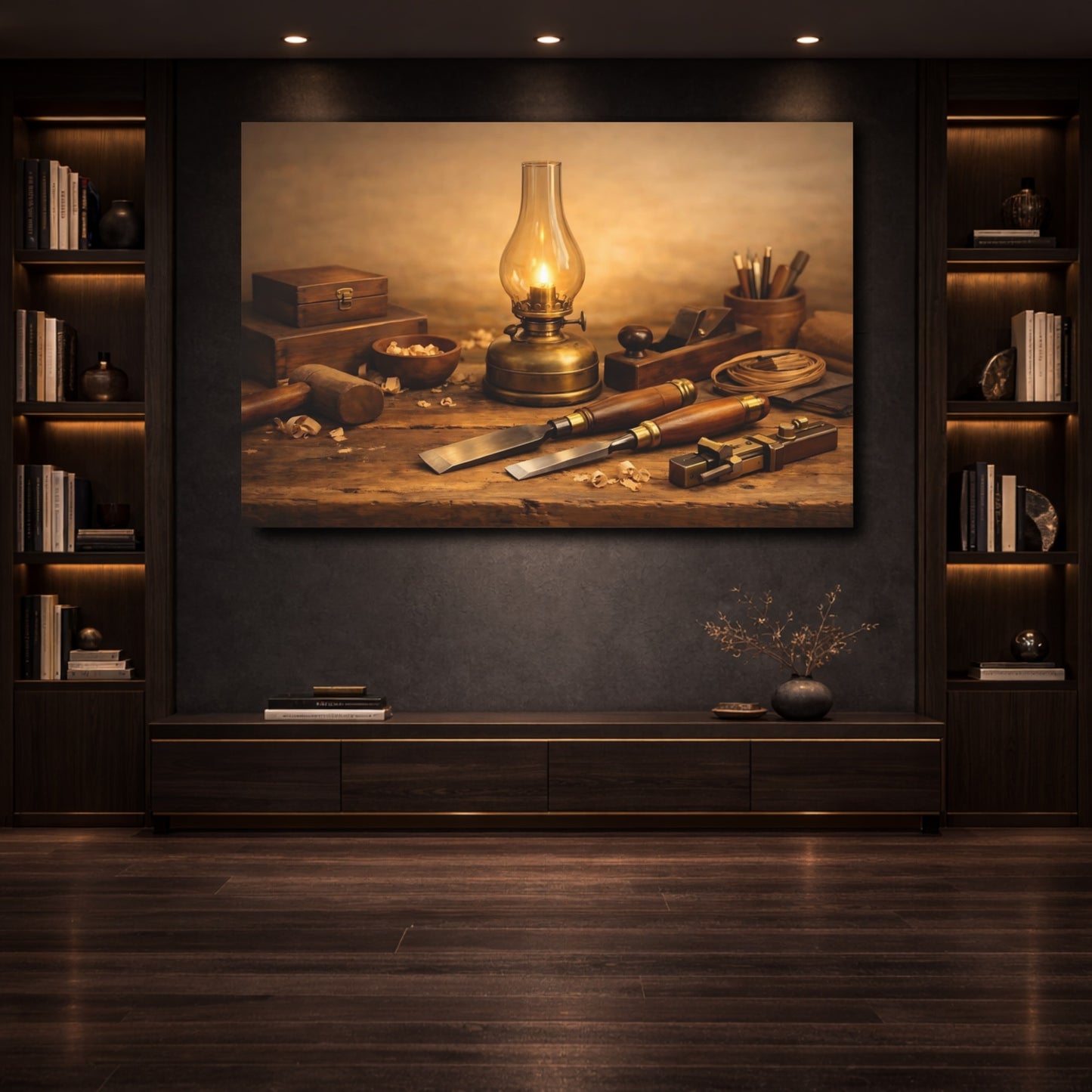 Mockup 3. Vintage Woodworking Tools Brown And Gold shown as stretched canvas wall art
