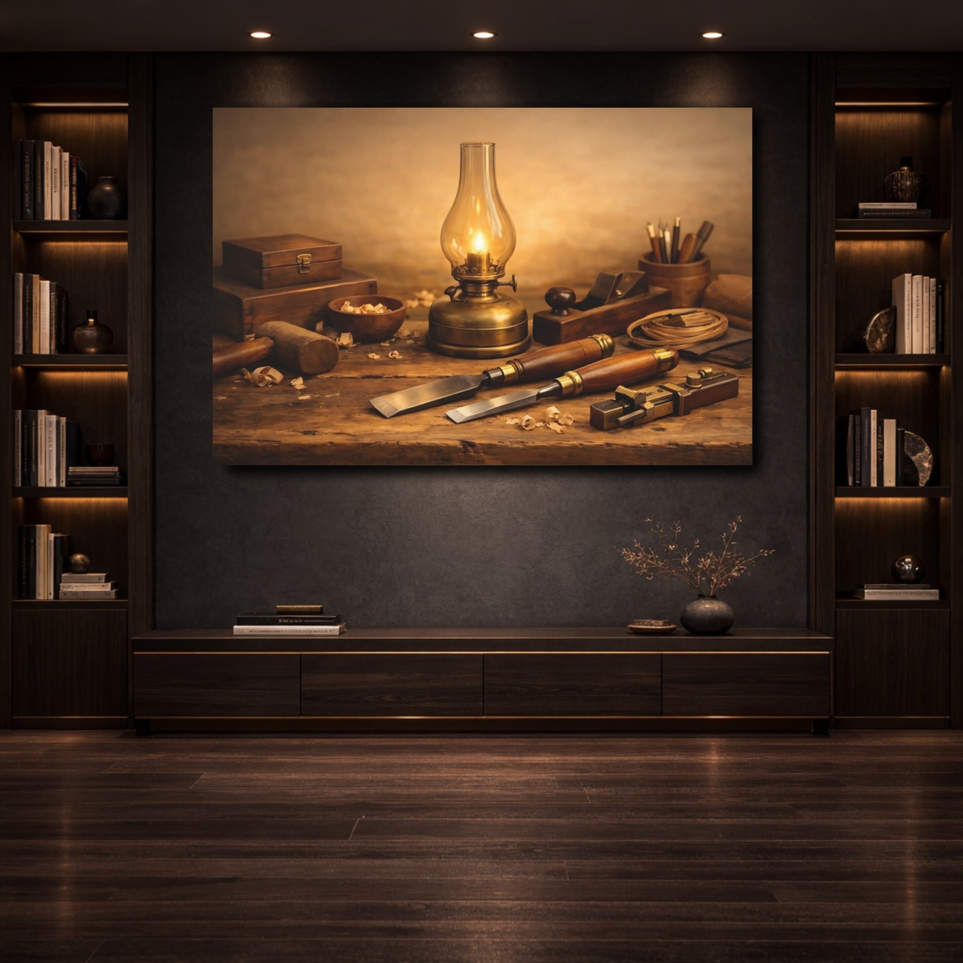 Mockup 3. Vintage Woodworking Tools Brown And Gold shown as stretched canvas wall art
