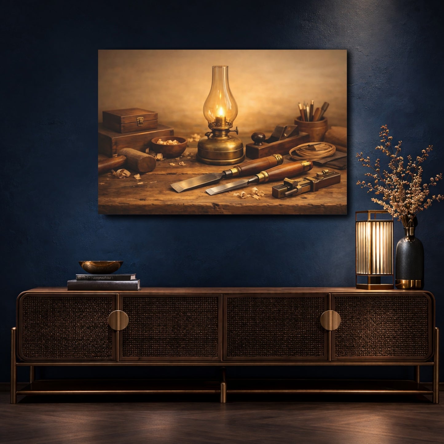 Mockup 4. Vintage Woodworking Tools Brown And Gold shown as stretched canvas wall art