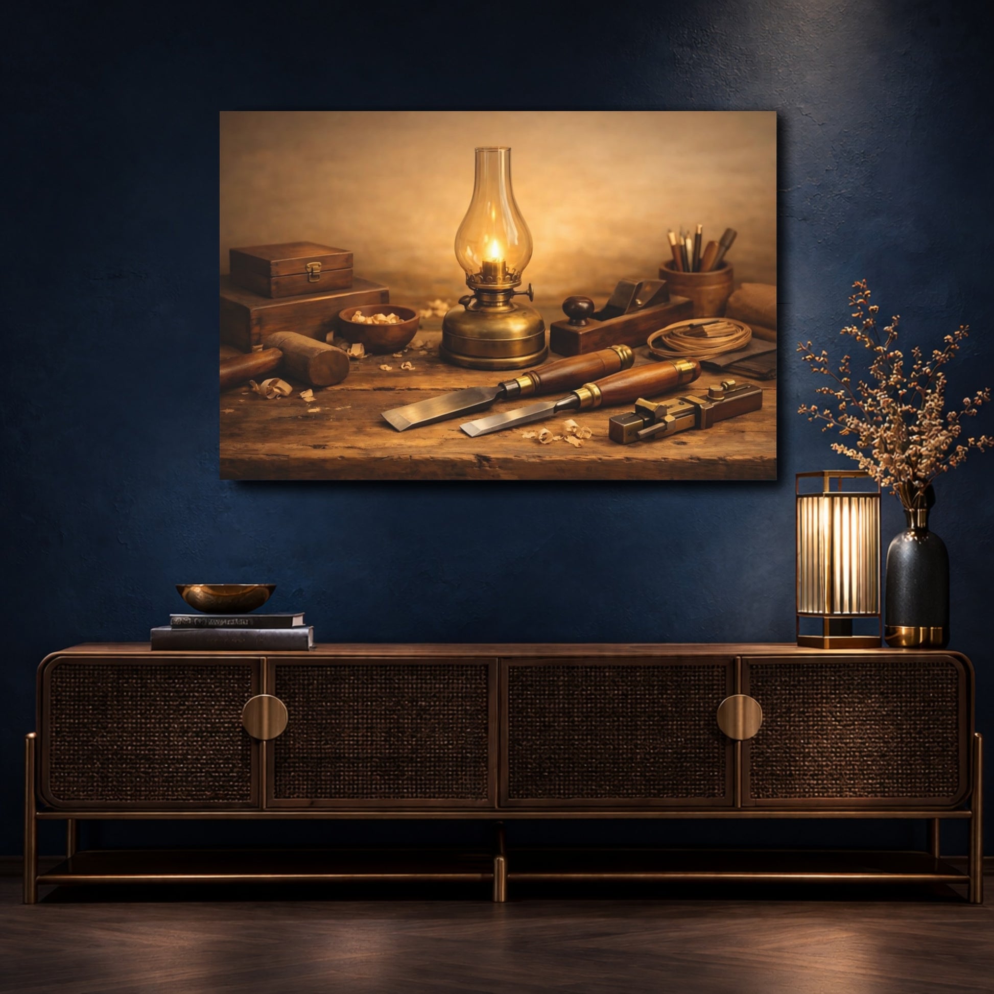Mockup 4. Vintage Woodworking Tools Brown And Gold shown as stretched canvas wall art