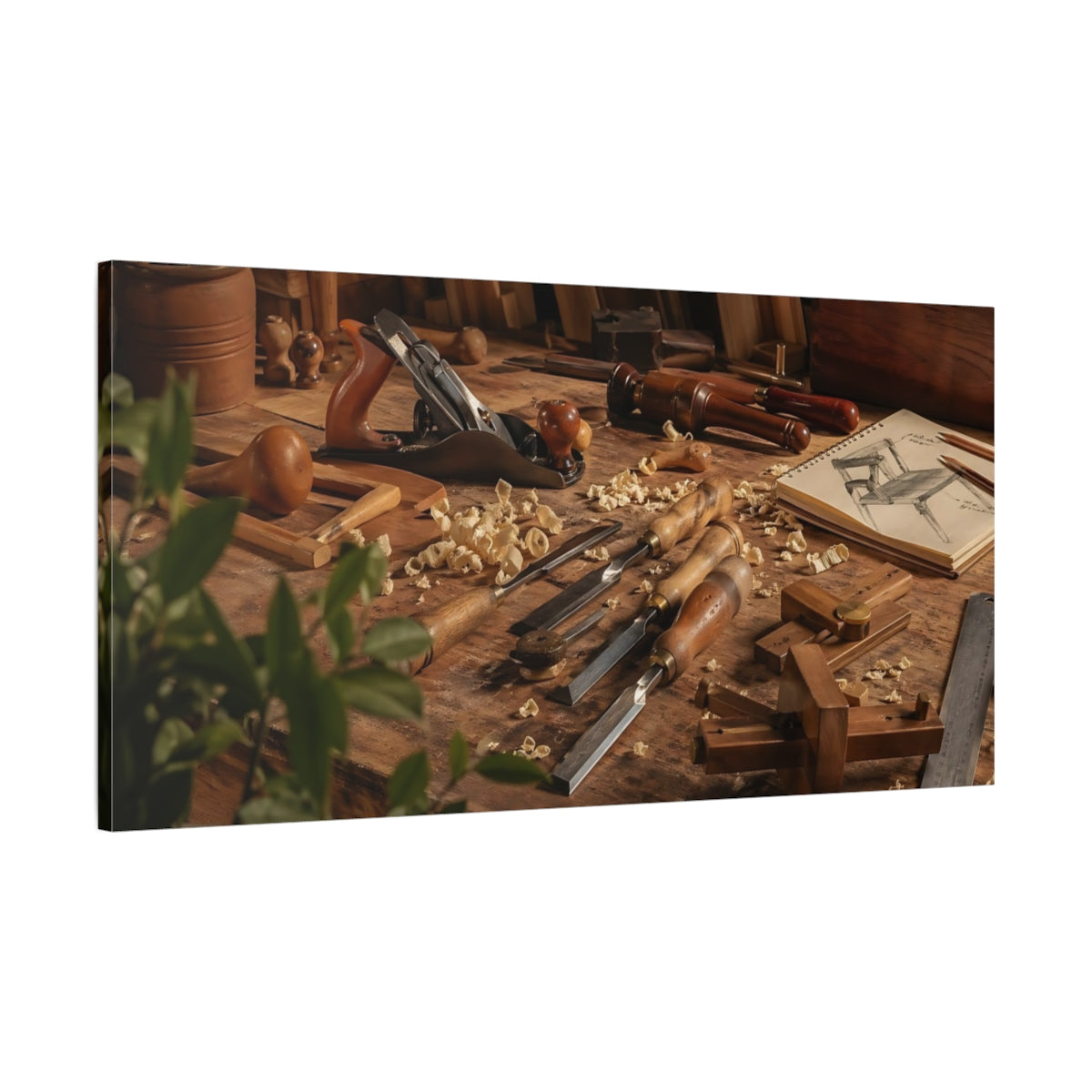 Main Mockup. Vintage Woodworking Tools Brown Wood shown as stretched canvas wall art