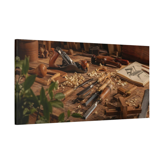 Main Mockup. Vintage Woodworking Tools Brown Wood shown as stretched canvas wall art