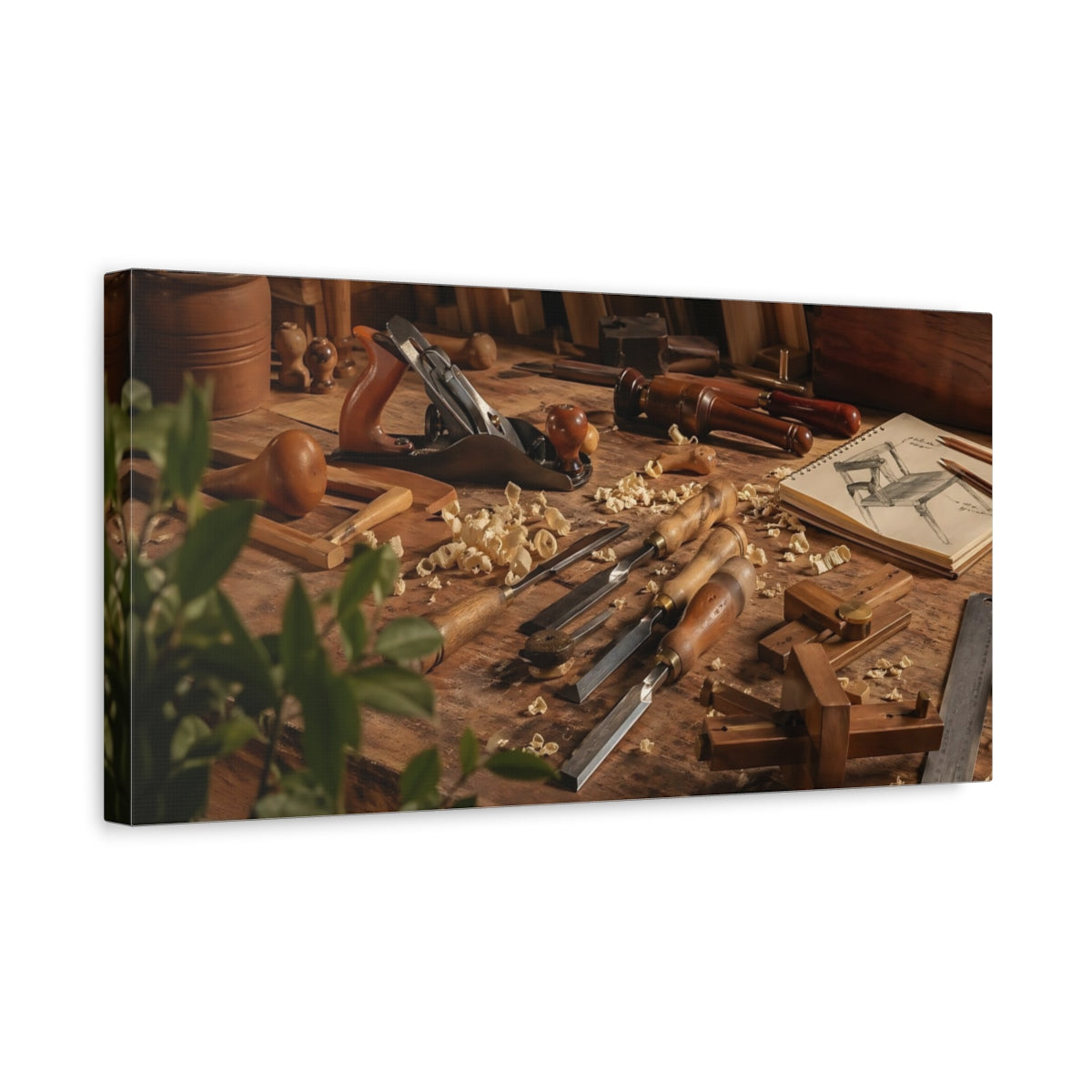 Side Mockup 3. Vintage Woodworking Tools Brown Wood shown as stretched canvas wall art