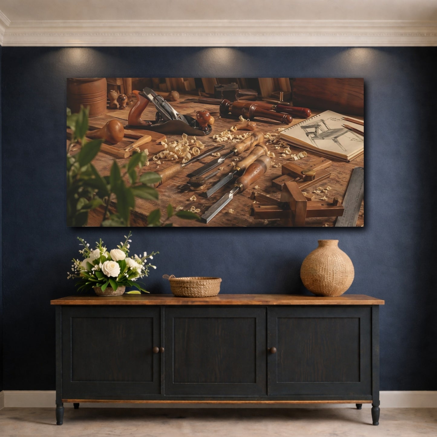 Mockup 4. Vintage Woodworking Tools Brown Wood shown as stretched canvas wall art