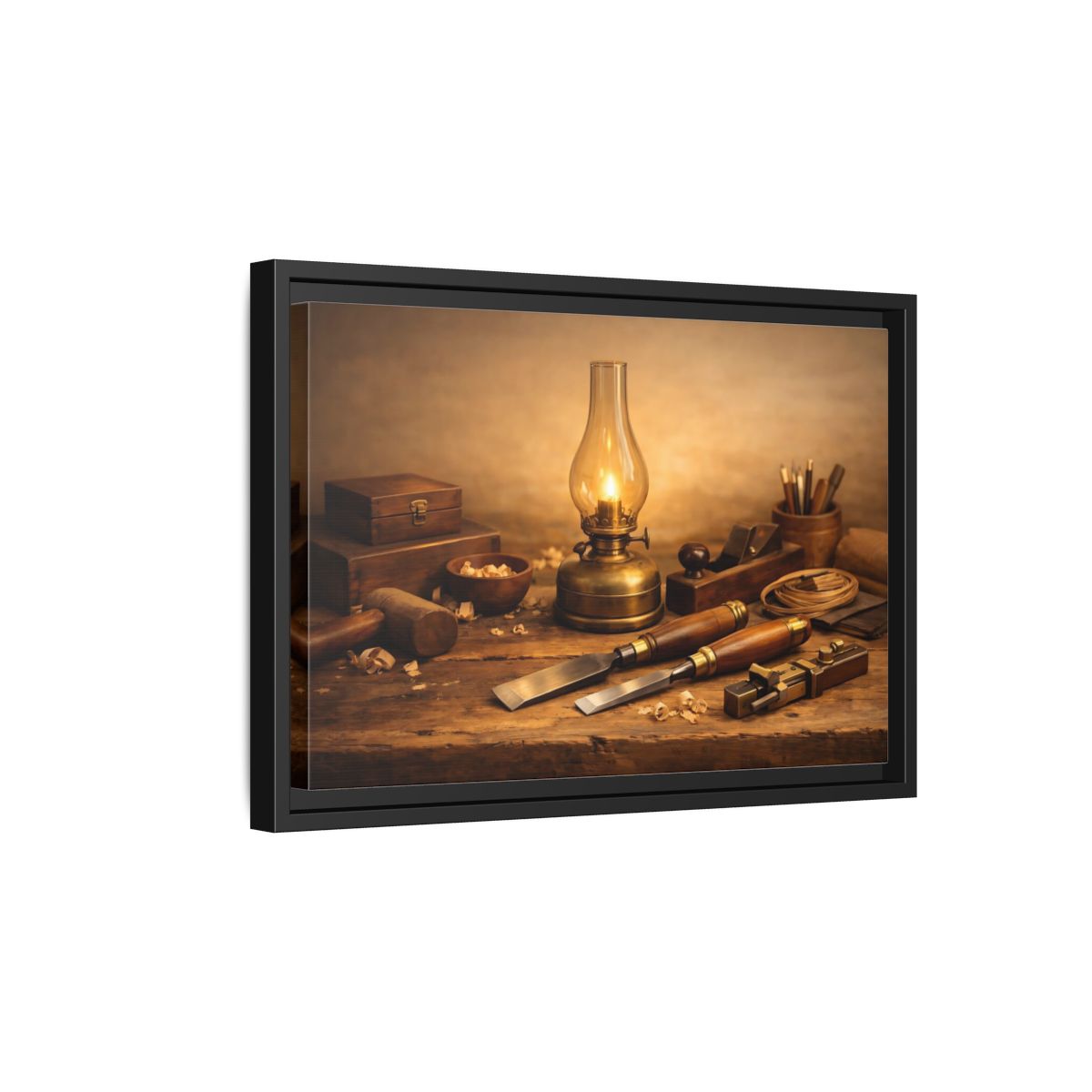 Side Mockup 6. Vintage Woodworking Tools Rustic Woodworking shown as stretched canvas wall art