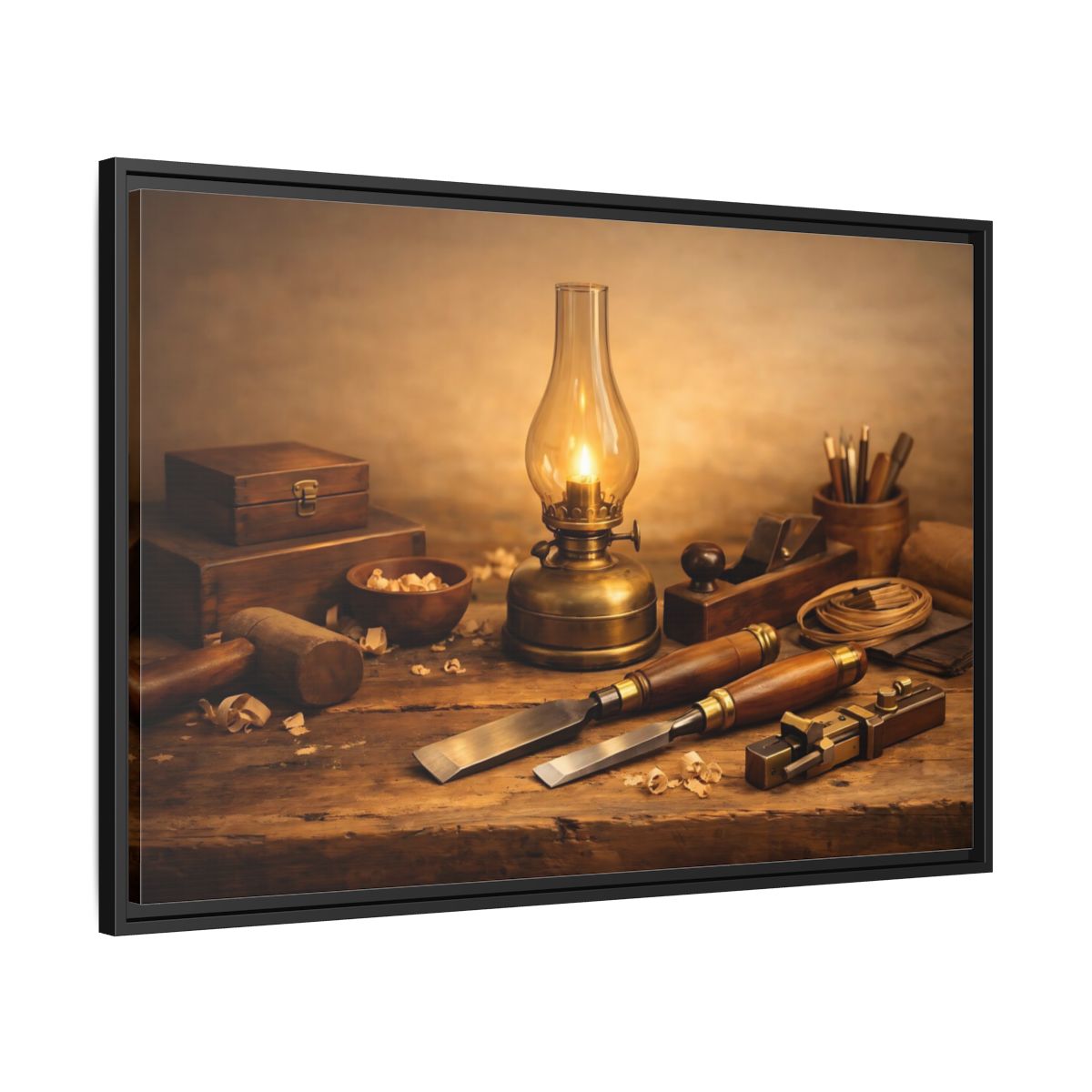 Side Mockup 13. Vintage Woodworking Tools Rustic Woodworking shown as stretched canvas wall art