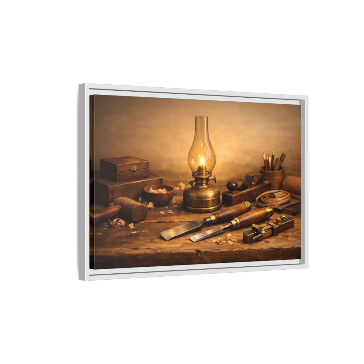 Side Mockup 1. Vintage Woodworking Tools Rustic Woodworking shown as stretched canvas wall art