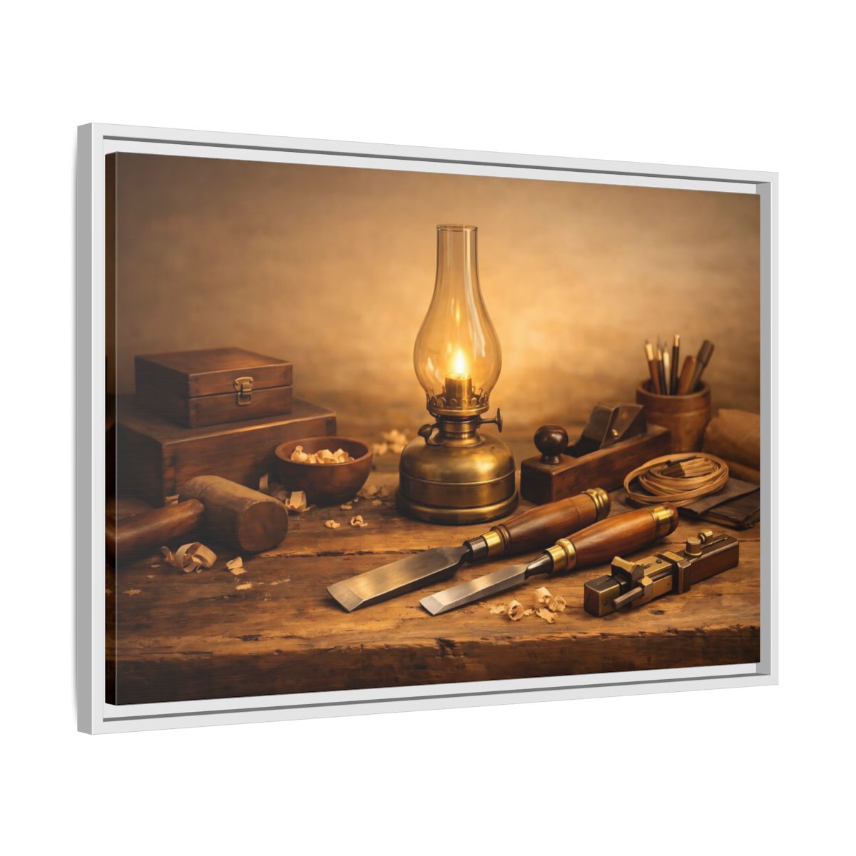 Side Mockup 10. Vintage Woodworking Tools Rustic Woodworking shown as stretched canvas wall art