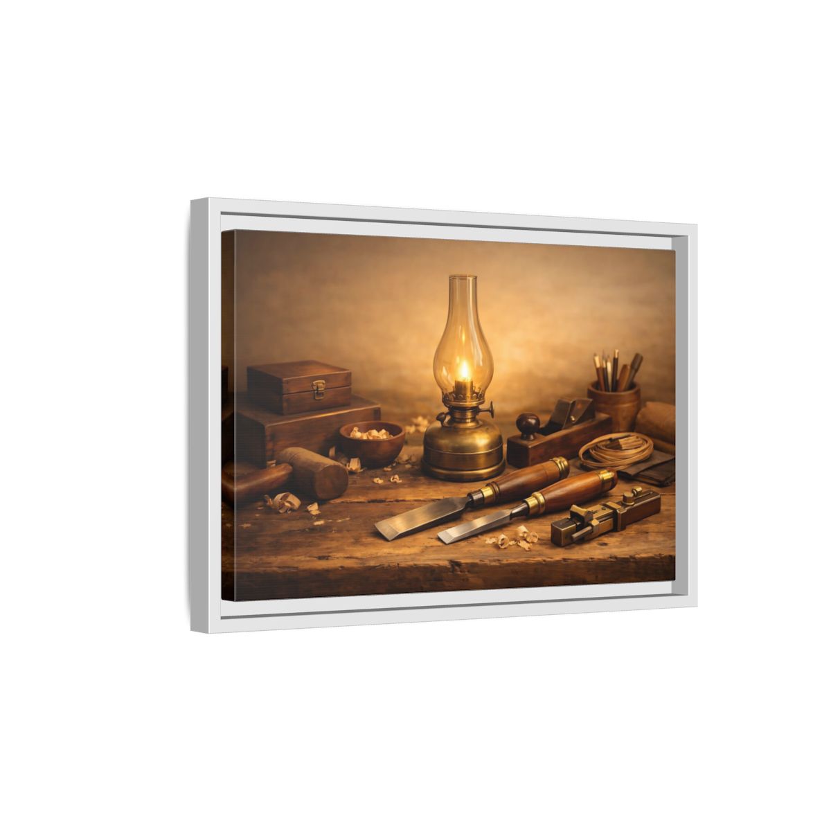 Side Mockup 4. Vintage Woodworking Tools Rustic Woodworking shown as stretched canvas wall art