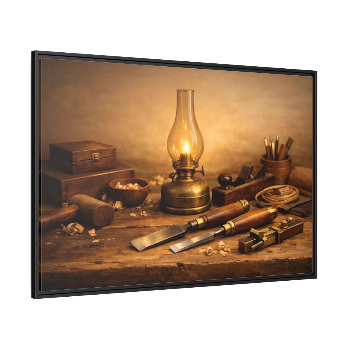 Side Mockup 12. Vintage Woodworking Tools Rustic Woodworking shown as stretched canvas wall art