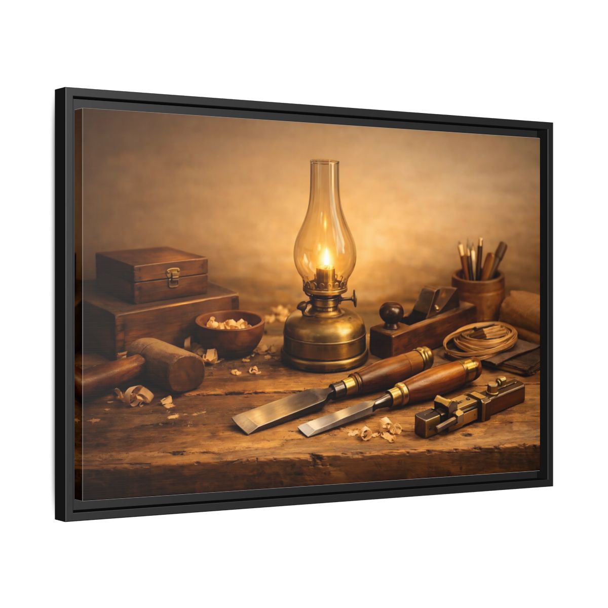 Side Mockup 14. Vintage Woodworking Tools Rustic Woodworking shown as stretched canvas wall art