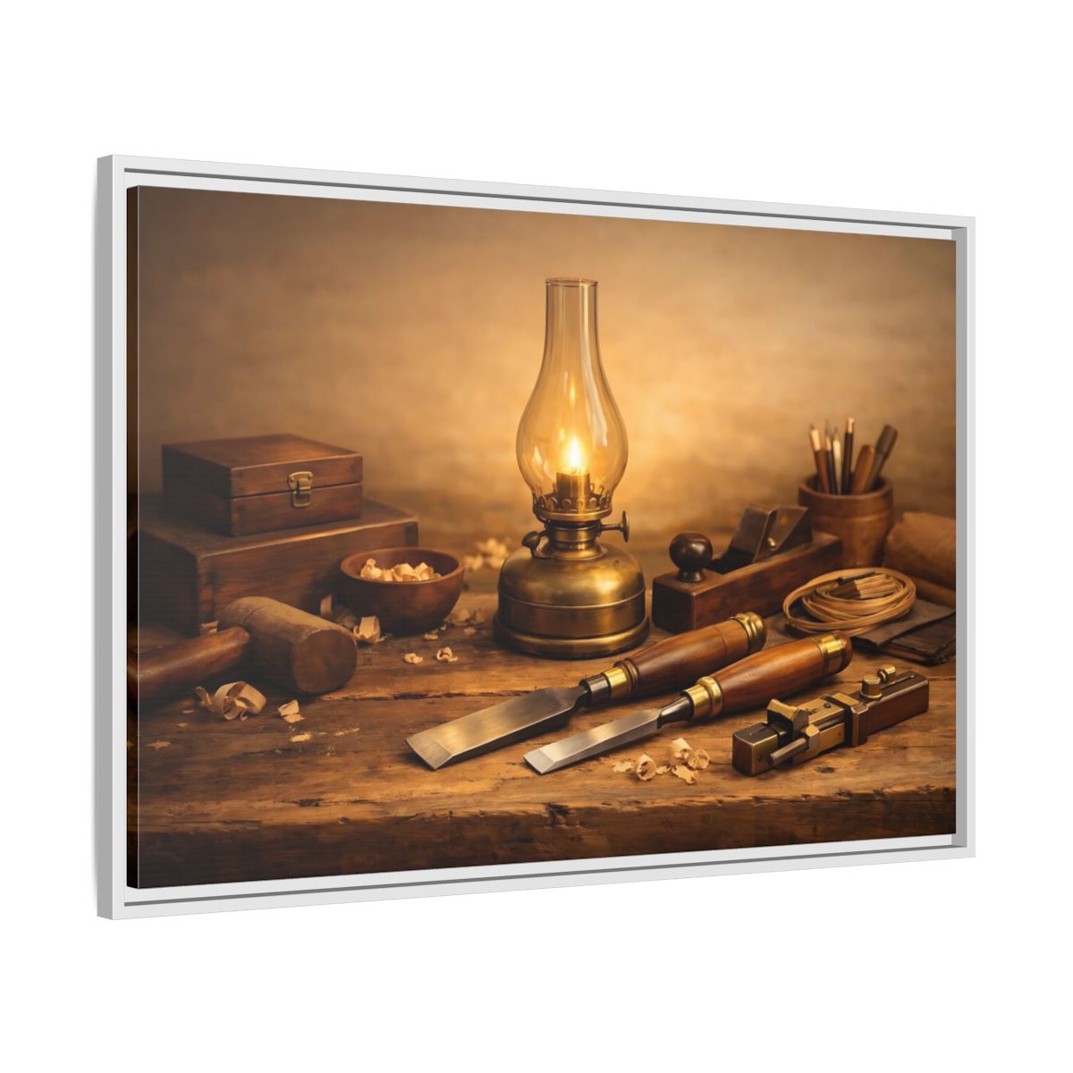 Side Mockup 8. Vintage Woodworking Tools Rustic Woodworking shown as stretched canvas wall art