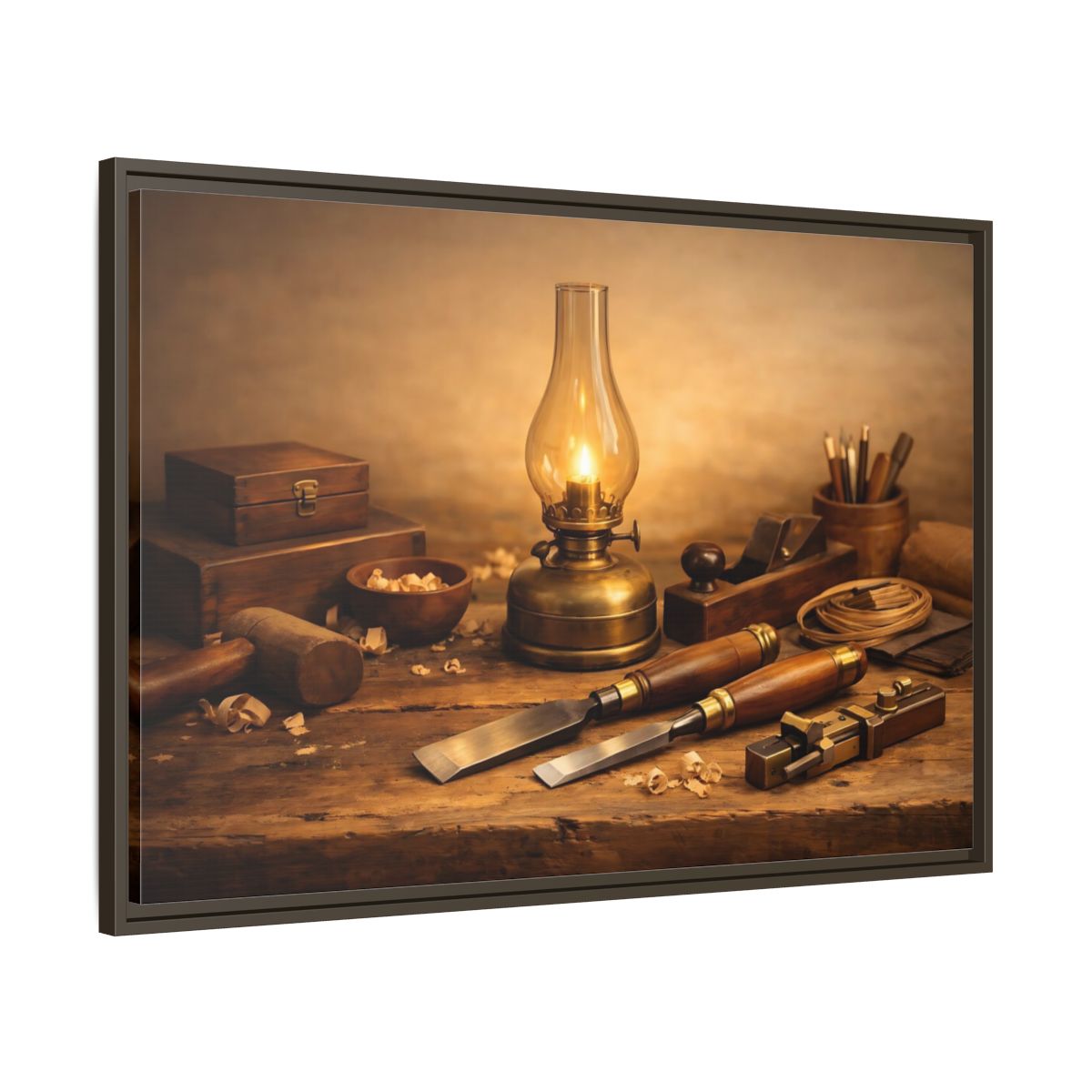 Side Mockup 9. Vintage Woodworking Tools Rustic Woodworking shown as stretched canvas wall art