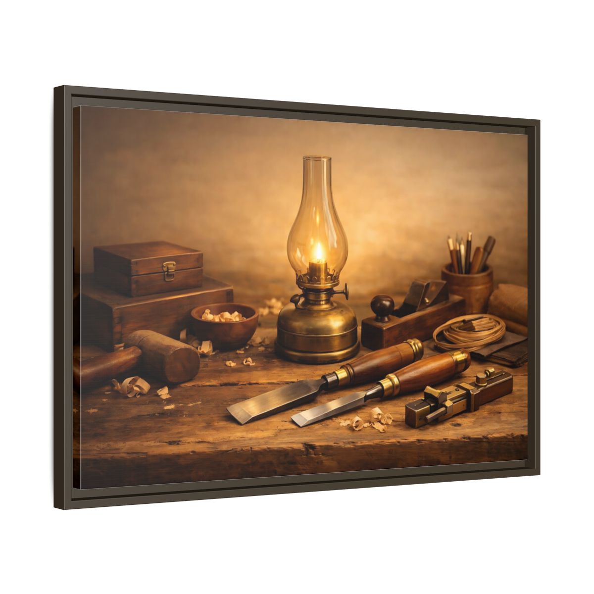 Side Mockup 11. Vintage Woodworking Tools Rustic Woodworking shown as stretched canvas wall art