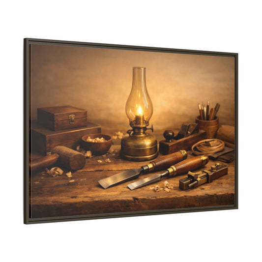 Main Mockup. Vintage Woodworking Tools Rustic Woodworking shown as stretched canvas wall art