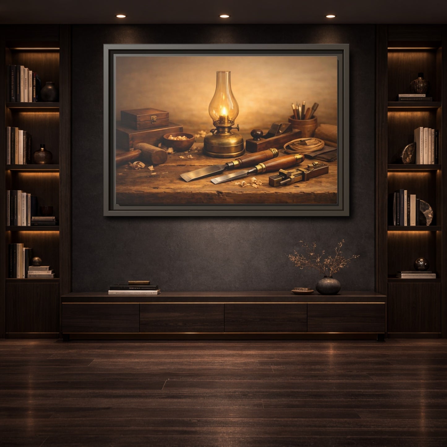 Mockup 3. Vintage Woodworking Tools Rustic Woodworking shown as stretched canvas wall art