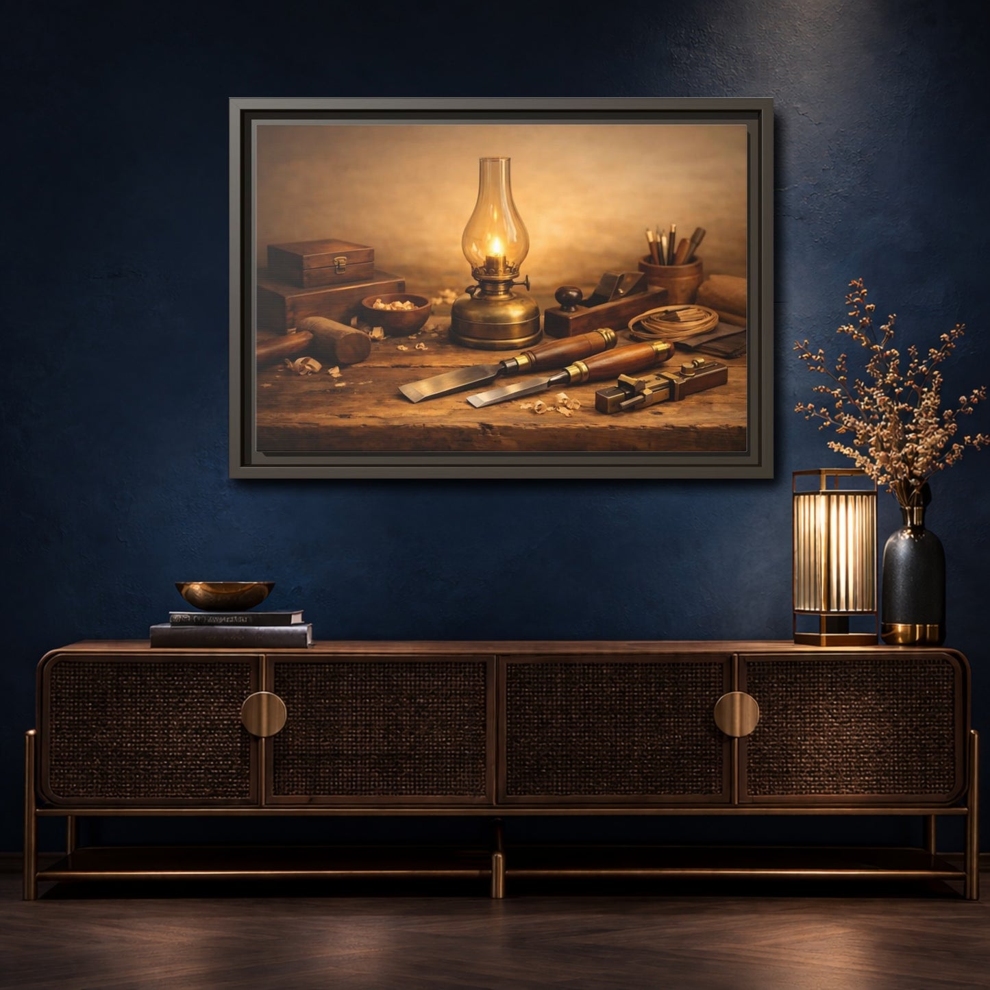 Mockup 4. Vintage Woodworking Tools Rustic Woodworking shown as stretched canvas wall art