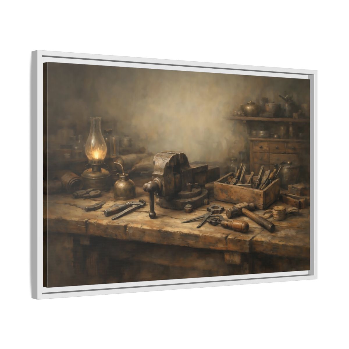 Side Mockup 10. Vintage Workbench Tools Vintage Workbench shown as stretched canvas wall art