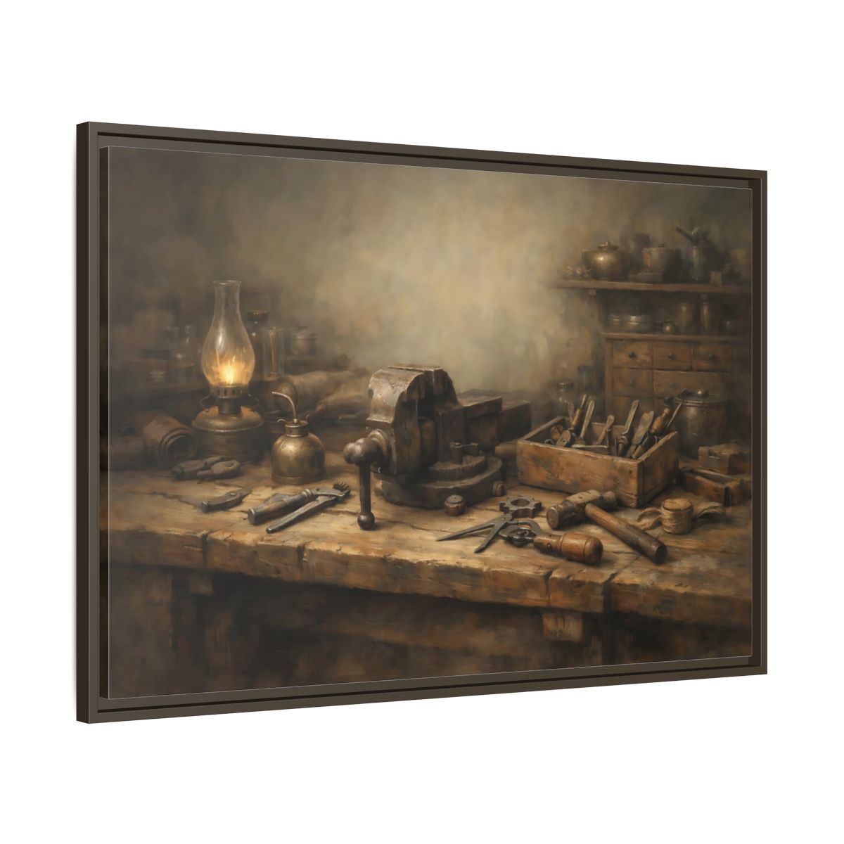 Side Mockup 9. Vintage Workbench Tools Vintage Workbench shown as stretched canvas wall art