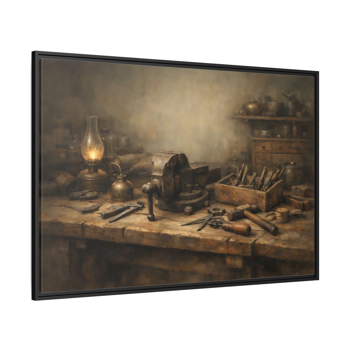 Side Mockup 12. Vintage Workbench Tools Vintage Workbench shown as stretched canvas wall art