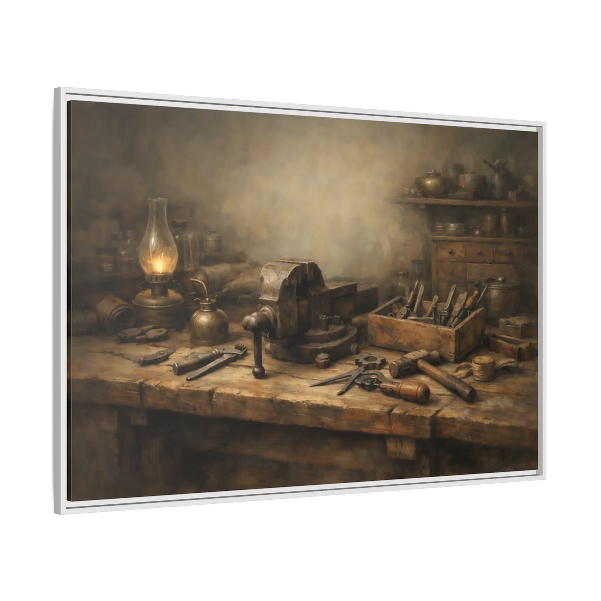 Side Mockup 7. Vintage Workbench Tools Vintage Workbench shown as stretched canvas wall art