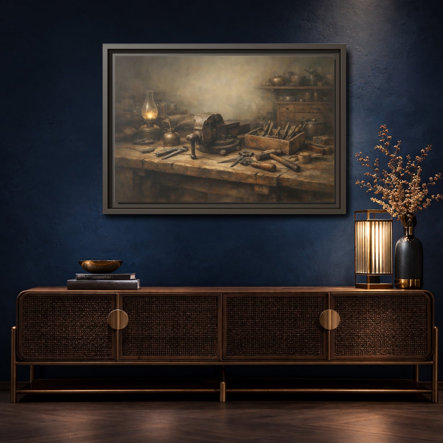 Mockup 4. Vintage Workbench Tools Vintage Workbench shown as stretched canvas wall art