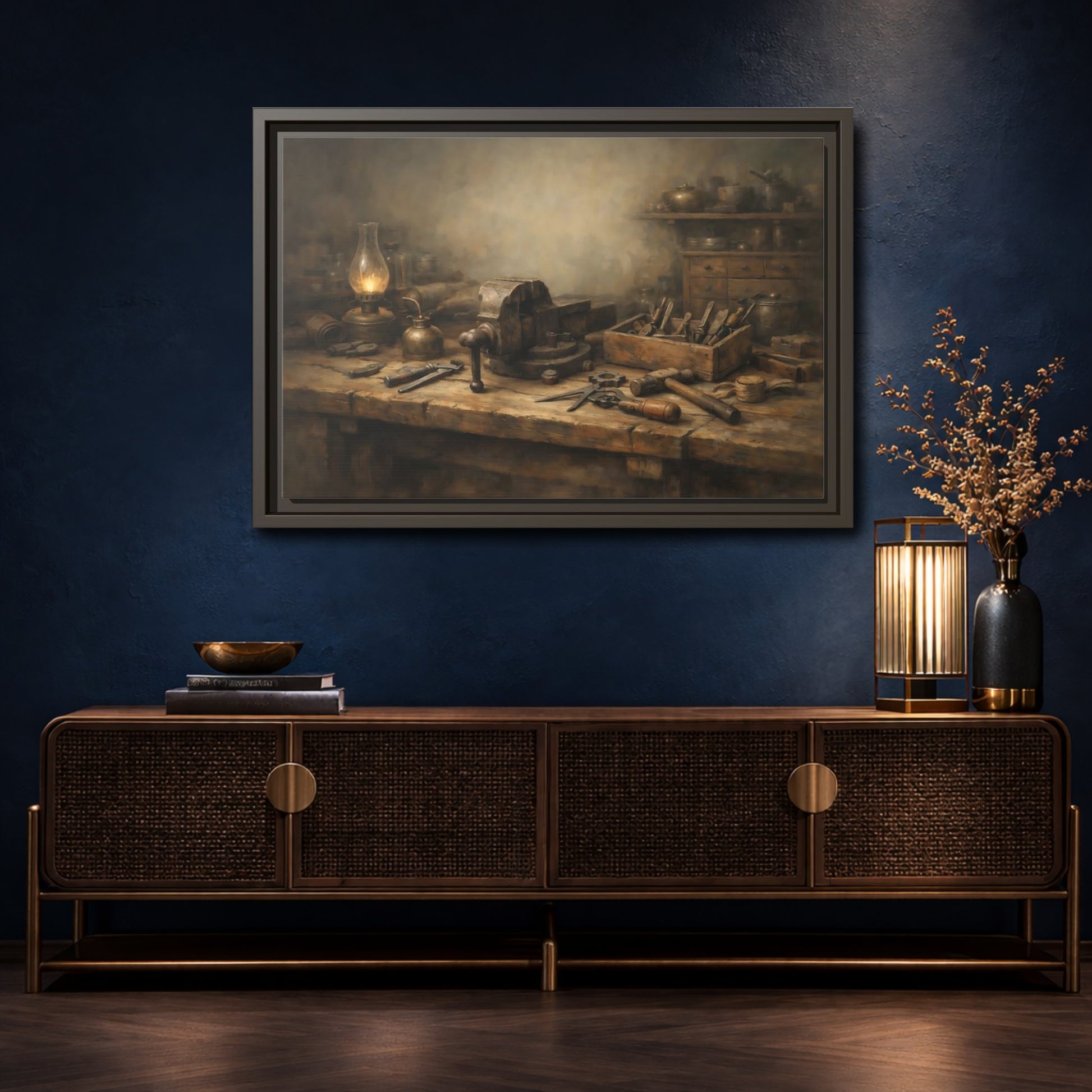 Mockup 4. Vintage Workbench Tools Vintage Workbench shown as stretched canvas wall art