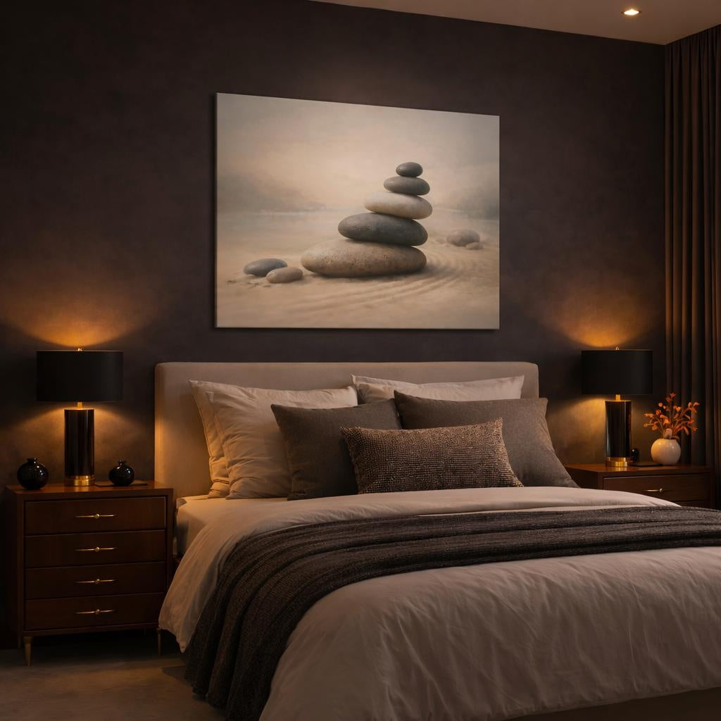 Vintage Zen Stones shown as canvas wall art in a luxury bedroom