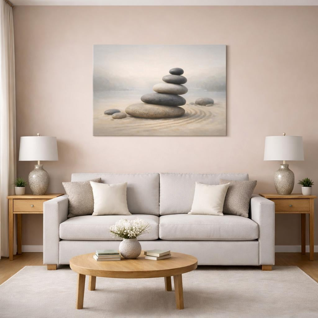Vintage Zen Stones shown as canvas wall art in a modern living room