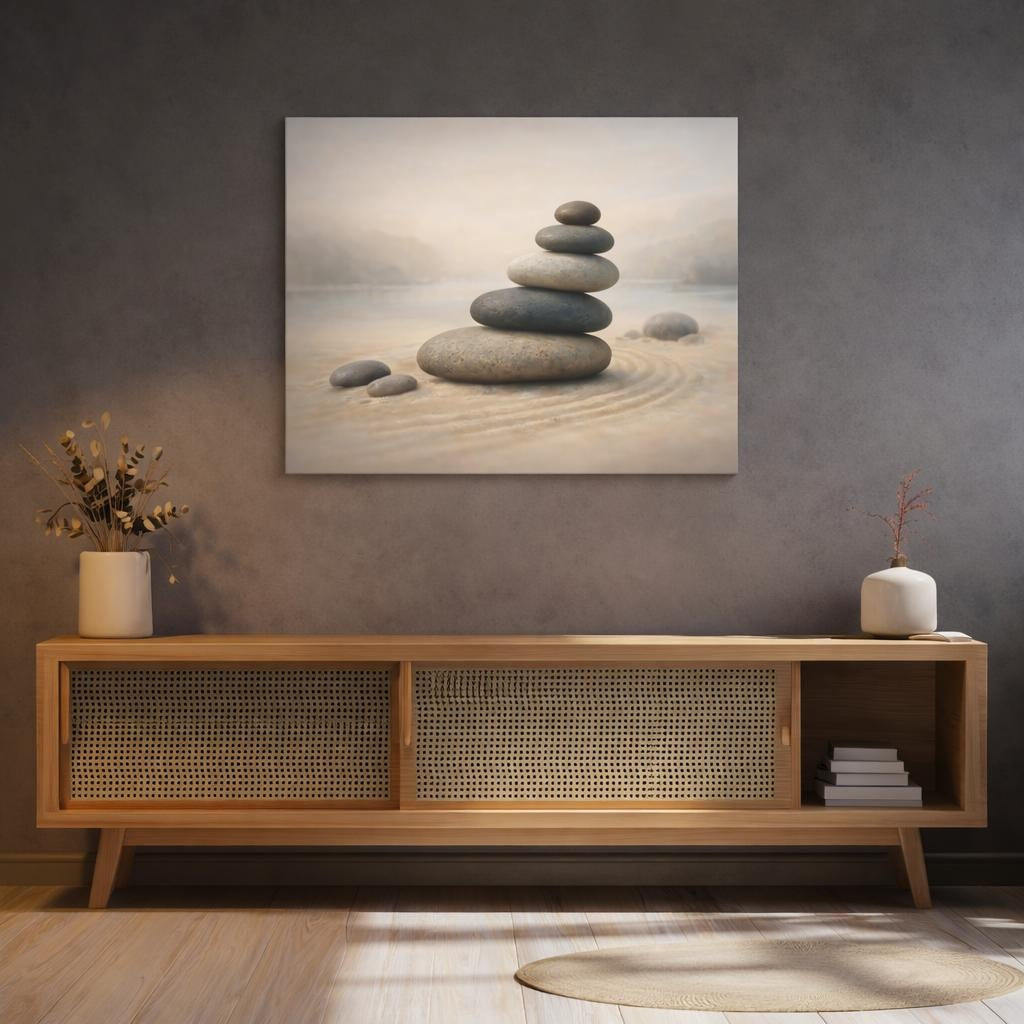 Vintage Zen Stones shown as canvas wall art in a refined dining room
