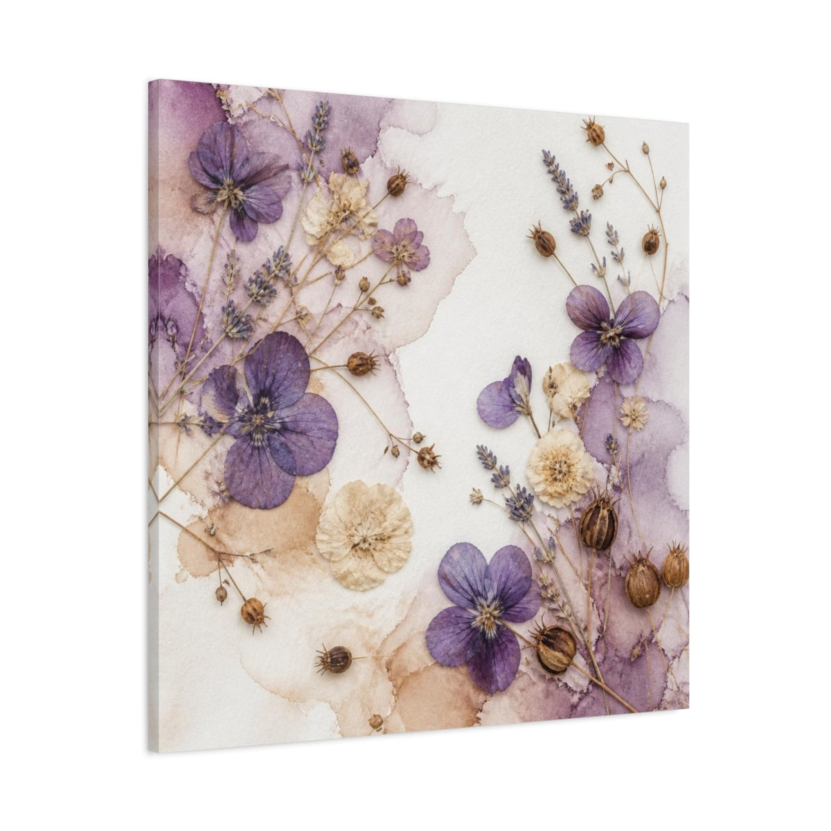 Main Mockup. Violet & Cream Pressed Bouquet shown as canvas print
