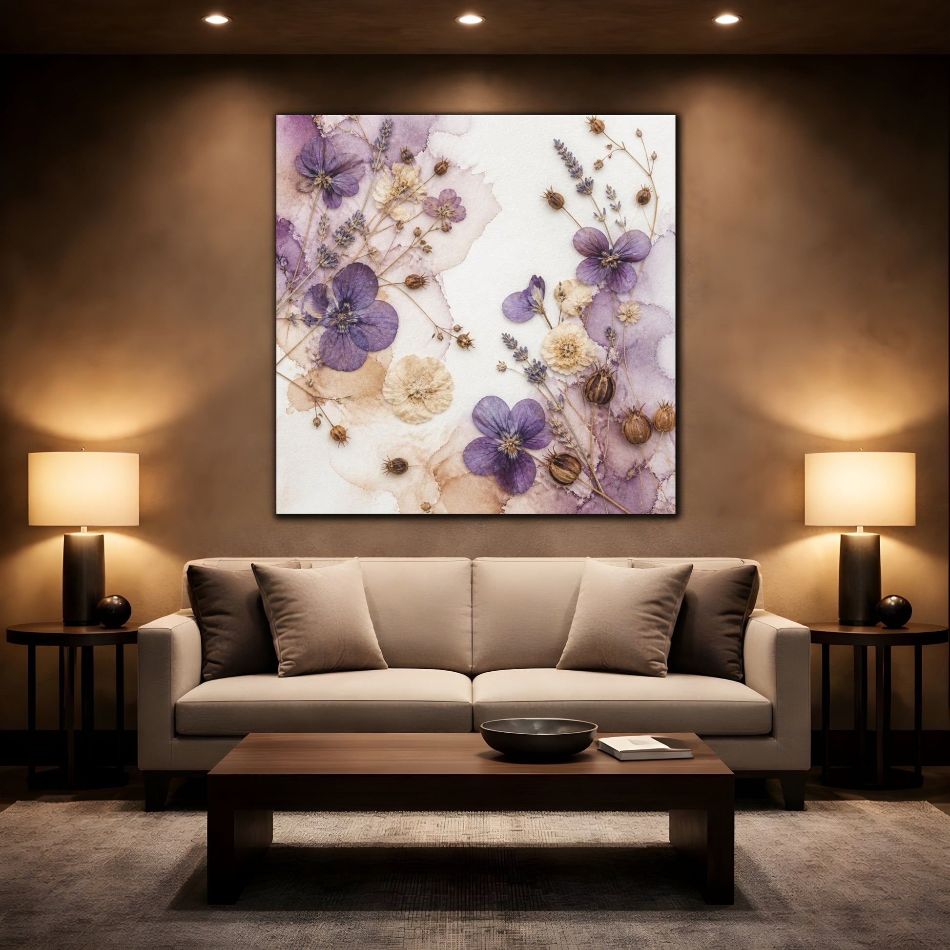 Mockup 2. Violet & Cream Pressed Bouquet shown as canvas print