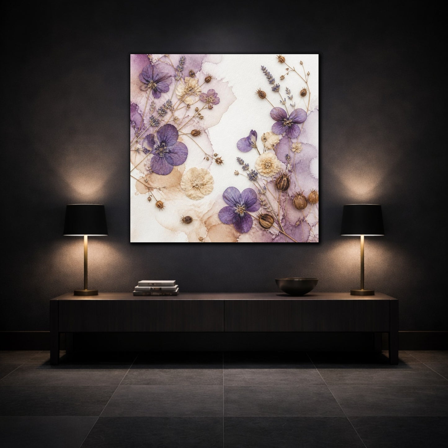 Mockup 3. Violet & Cream Pressed Bouquet shown as canvas print