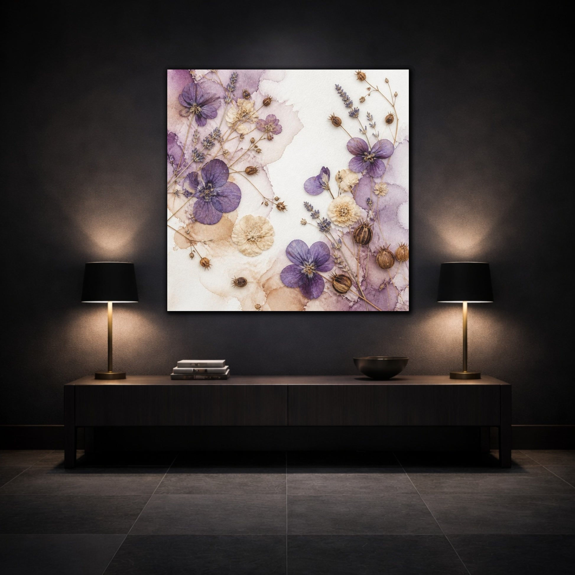 Mockup 3. Violet & Cream Pressed Bouquet shown as canvas print