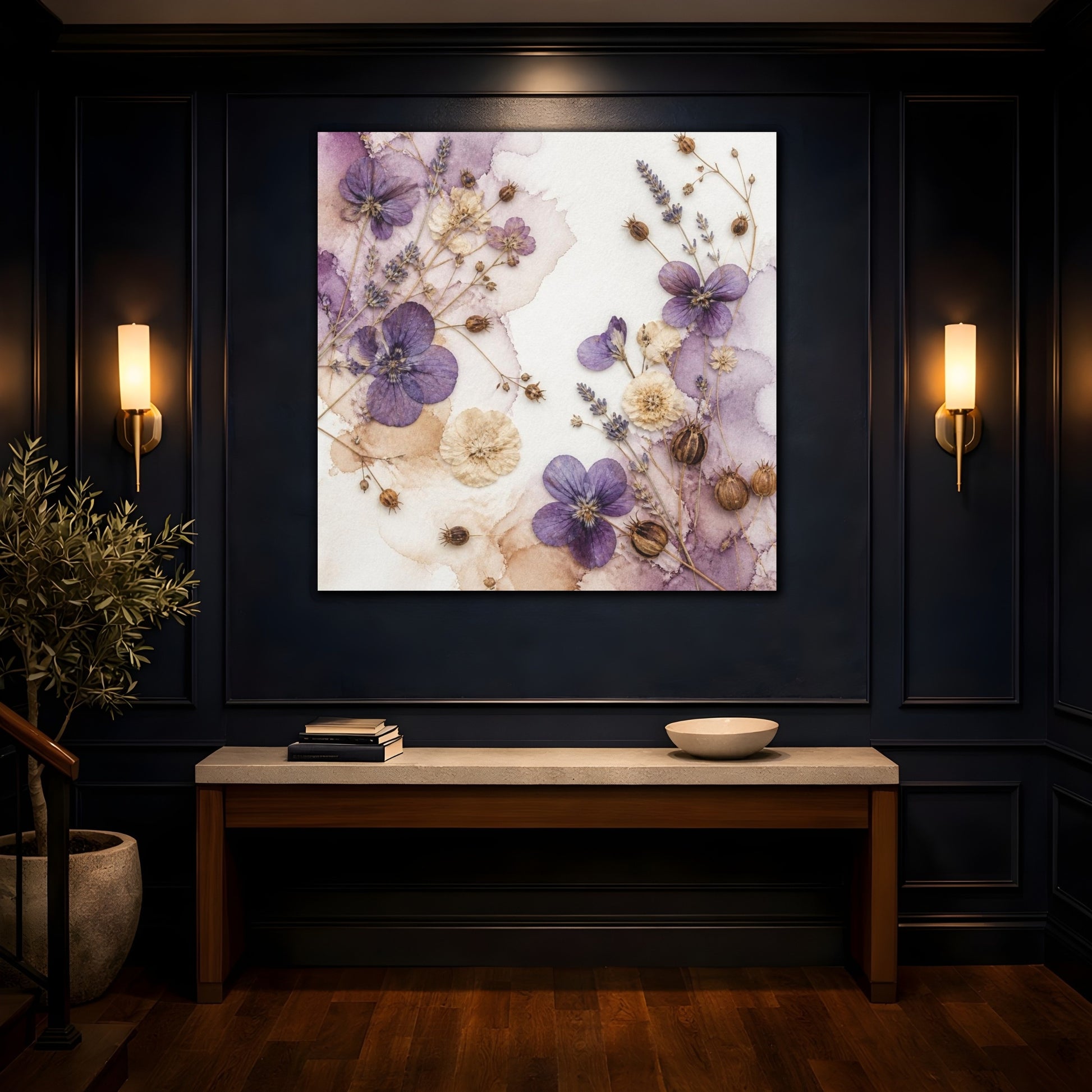 Mockup 4. Violet & Cream Pressed Bouquet shown as canvas print