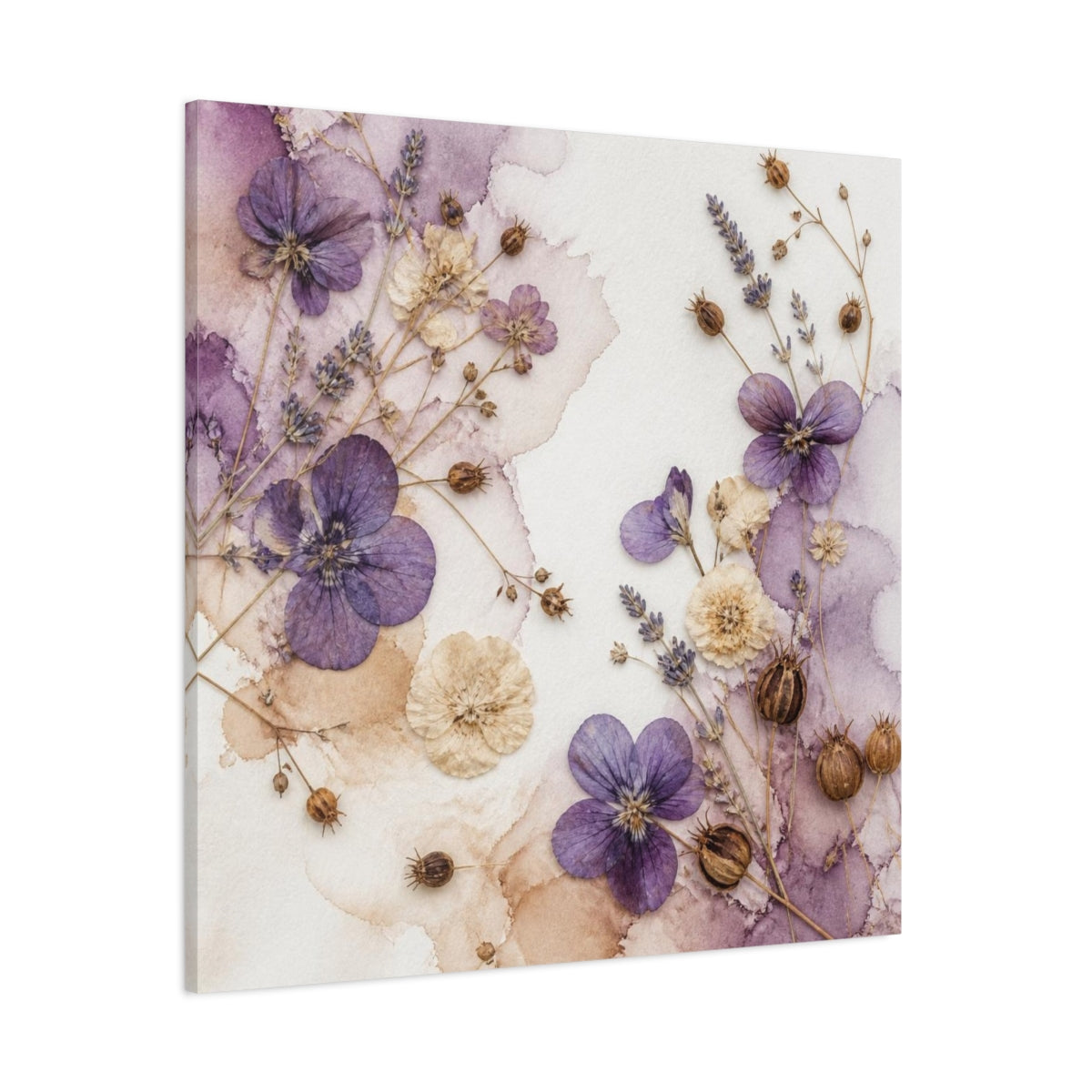 Side Mockup 1. Violet & Cream Pressed Bouquet shown as canvas print