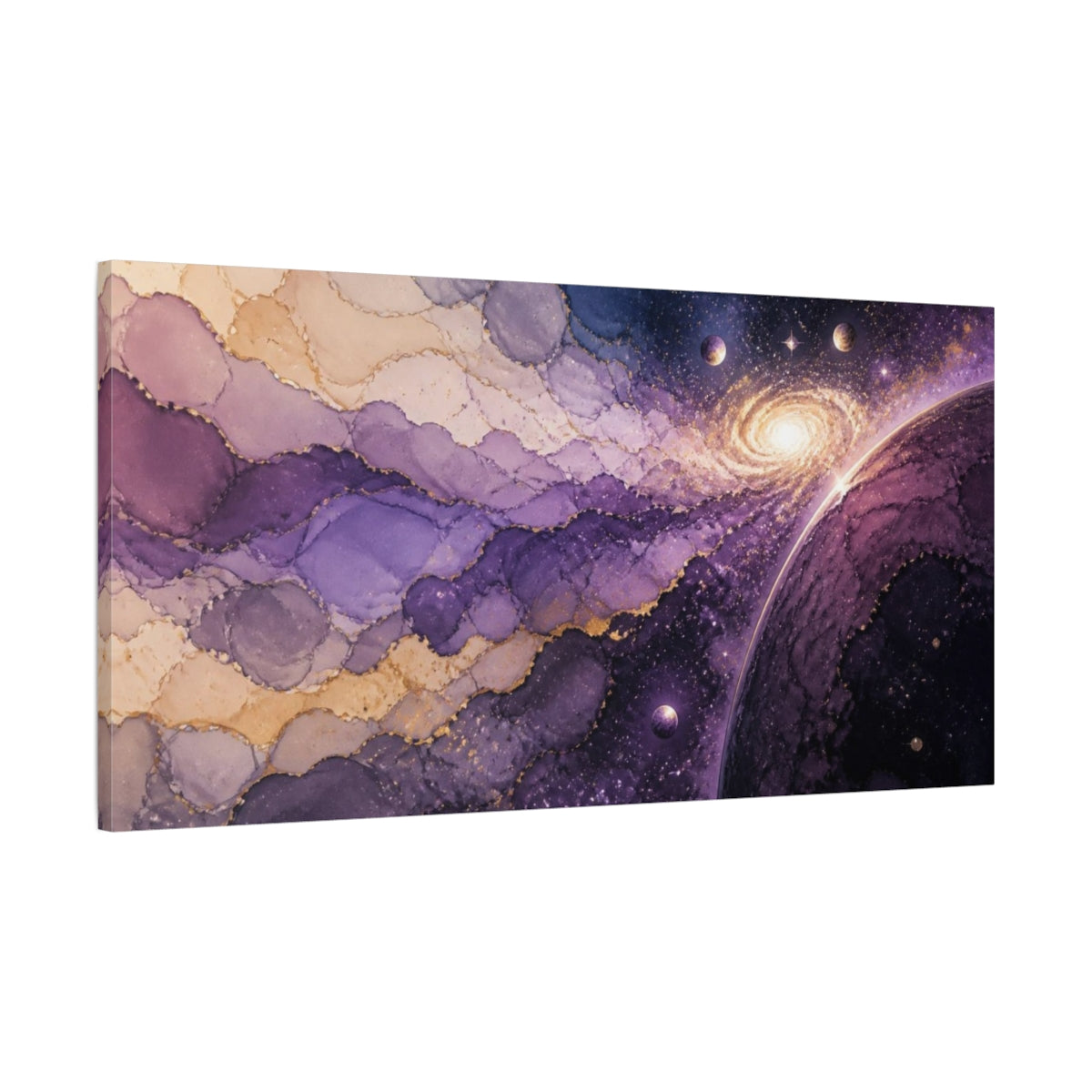 Main Mockup. Violet Galaxy With Planets shown as canvas print