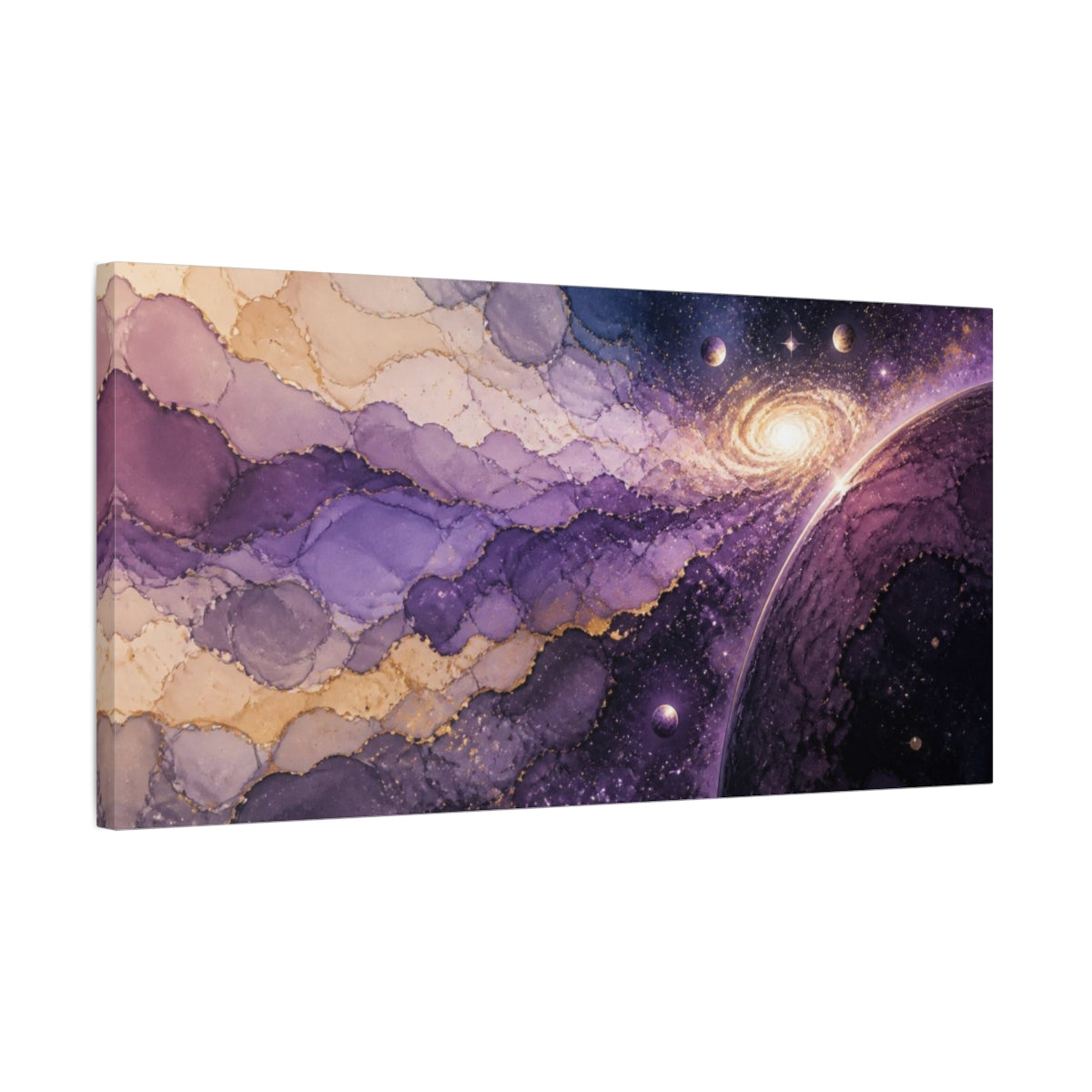 Side Mockup 1. Violet Galaxy With Planets shown as canvas print