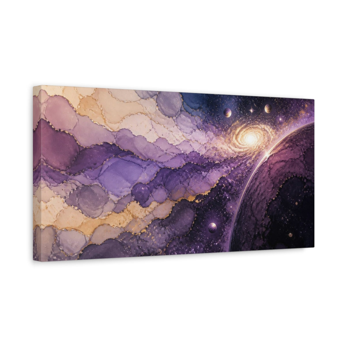 Side Mockup 3. Violet Galaxy With Planets shown as canvas print