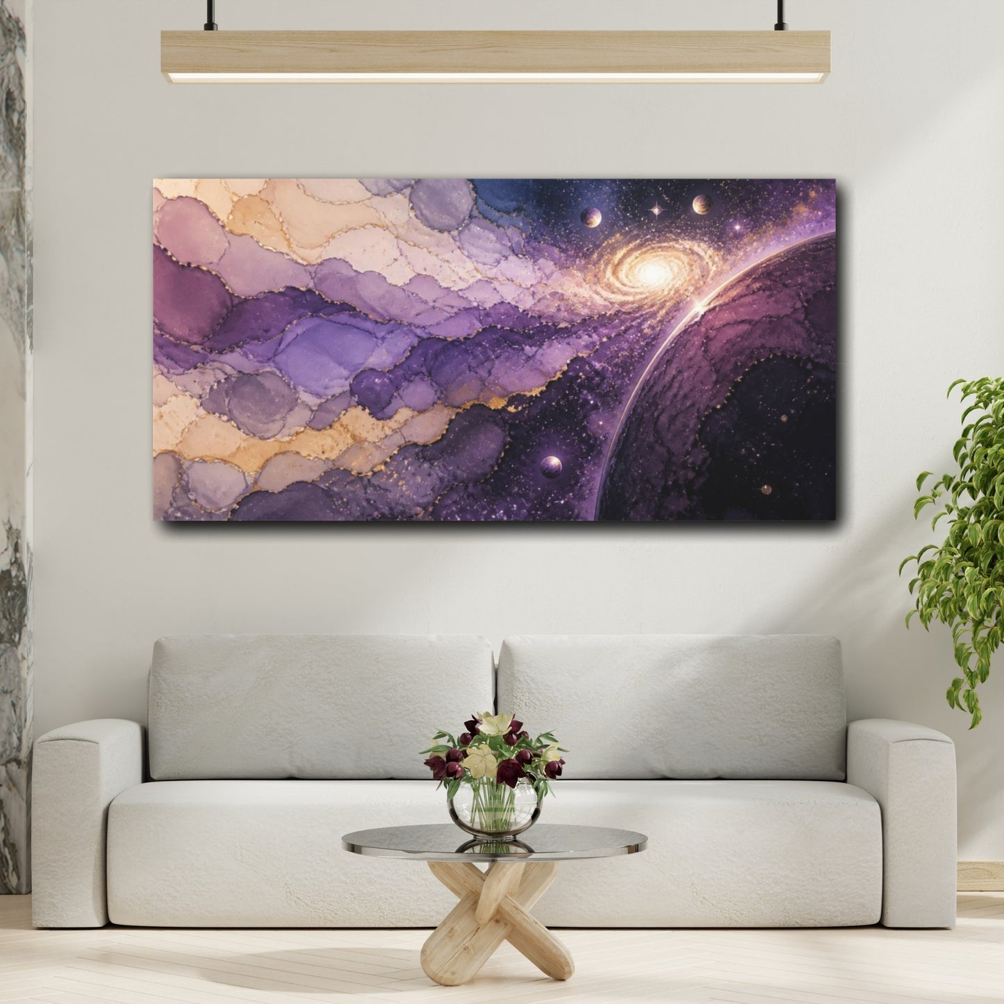 Mockup 2. Violet Galaxy With Planets shown as canvas print