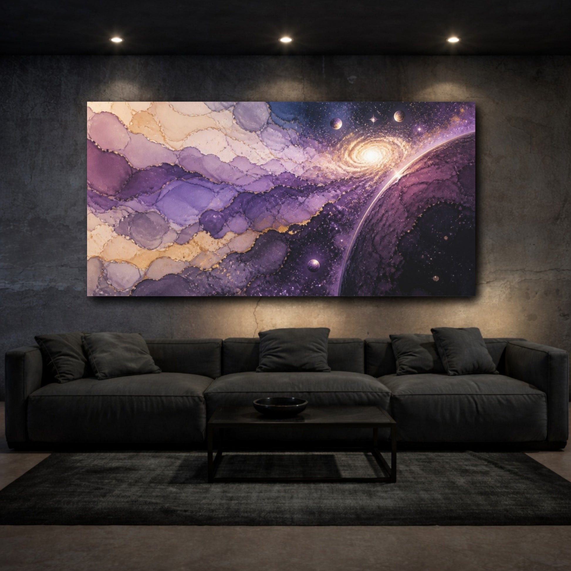Mockup 3. Violet Galaxy With Planets shown as canvas print