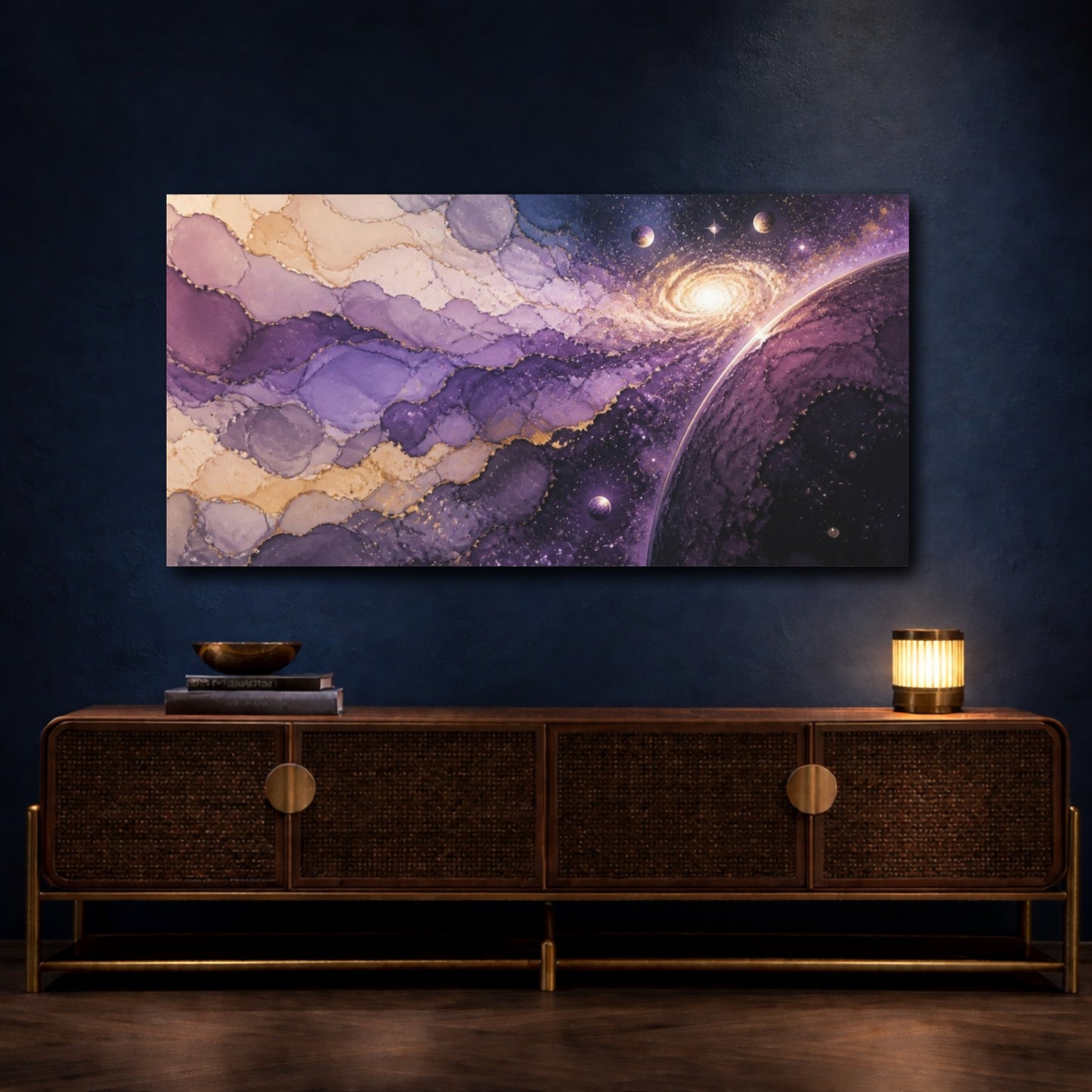 Mockup 4. Violet Galaxy With Planets shown as canvas print