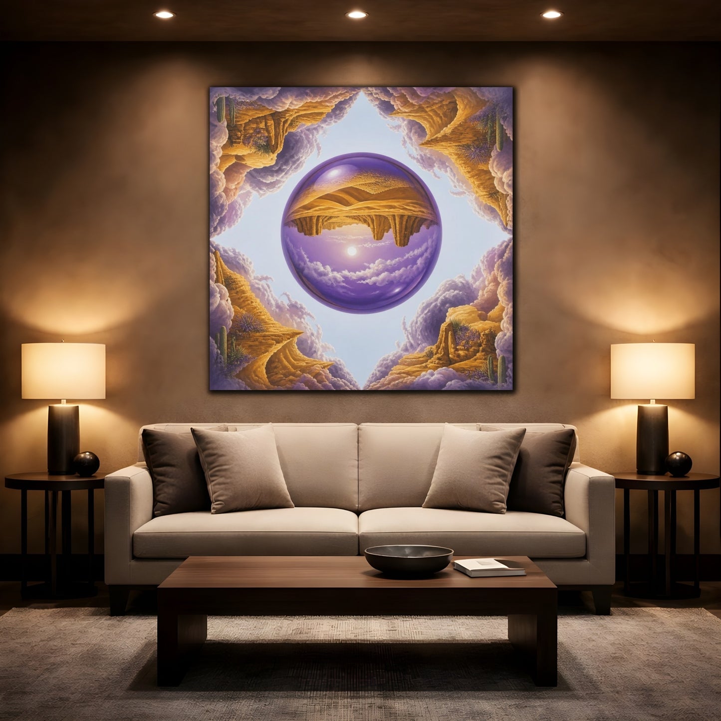 Mockup 2. Violet Glass Sphere Illusion shown as canvas print