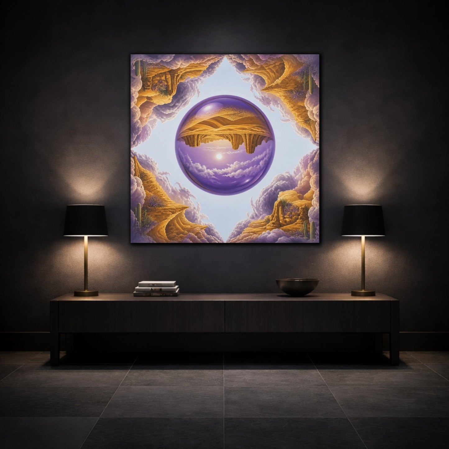 Mockup 3. Violet Glass Sphere Illusion shown as canvas print